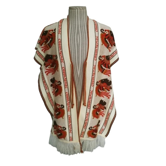 Vintage Intarsia Knit Cuauhtemoc Aztec  Fringed Poncho Beige/Orange/Brown - Picture 4 of 9